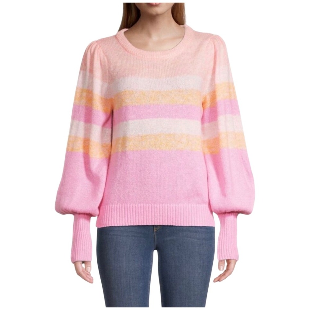 Lilly Pulitzer Ritza Sweater XL Pink Orange Stripe Puff Sleeve Wool Blend